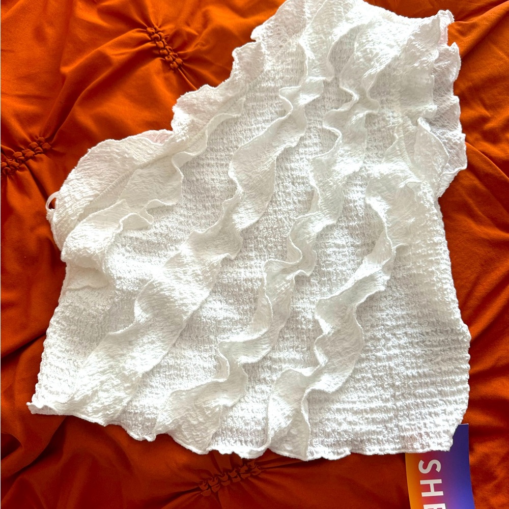 SHEIN White Pleated Ruffle Over One Shoulder  Top NWT Size L